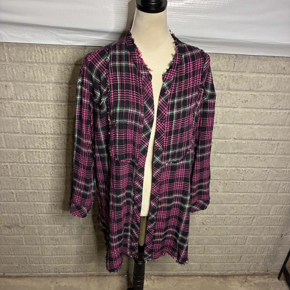 Free People Pink Black Plaid Fringe Duster Flannel Oversized Medium